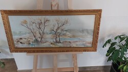 (K)Szép tájkép festmény Hortobágy 37x77 cm kerettel