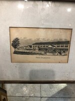 Representation of Pest railway station, old linocut, 16 x 27 cm.