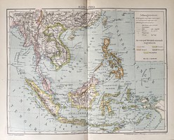 Antik 19.sz Térkép Hátsó-India nyomat- papír- földrajz, tenger, szige, Gyarmat, brit, angol
