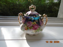Antique imperial lace, hand-painted rose, special purple turquoise eosin glaze sugar bowl