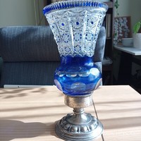 Nagy méretű kék kristály váza, ezüst talppal