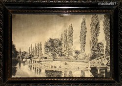 Carbon drawing! Unknown painter: on the river bank