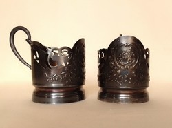 Pair of antique old Russian silver-plated eared tea cup holders, mounted horseman, can also be used as candle holders, marked
