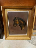 Ló portré, festmény, olaj, farost, 30x23 cm+ szép keret
