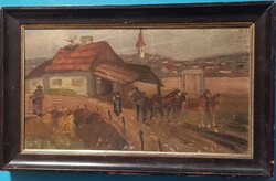 Unknown: secluded house with horses. Ol.-Karton. 23.3X40 cm.