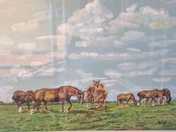 Equestrian painting glazed 60x46 cm