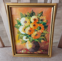 (K) Kis szignózott virágcsendélet festmény 17x23 cm kerettel