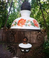 Antik Szecessziós csillár, Lüszter lámpa tejüveg búra, öntött vas váz, 100 éves villanyosítható! 2.