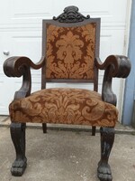 Hatalmas antik, faragott oroszlános karosszék, fotel, szék