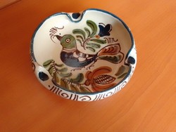 Hand-painted old Corundian glazed ceramic ashtray, ashtray, singing bird and folk flower pattern