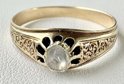 526T. 1 Forintról! Antik Magyar, Holland rózsa gyémánt (0,25 Ct) Arany (2,37 g) gyűrű, cizellálással