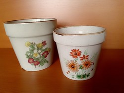 Két hasonló stílusú, mázú, mintájú mázas porcelán virágcserép kaspó virágmintával, hibátlan