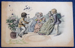 Antik MM Vienne Újévi  üdvözlő grafikus képeslap  gyermekek historizáló ruhában