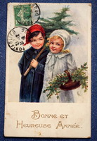 Antik Újévi üdvözlő képeslap gyermekek fenyőfával  magyal kosárral