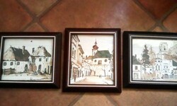 Erzsébet Csurák: Győr street scenes, watercolors (ink + watercolor), 3 pcs. For sale together!
