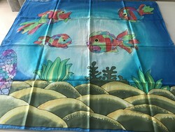 Hand-dyed, signed silk scarf with sea pattern, 90 x 86 cm