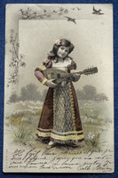 Antik A&M B  grafikus üdvözlő litho képeslap  kis hölgy mandolinnal