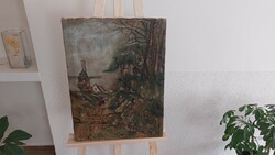 (K) antique landscape painting with windmill 45x59 cm