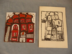 Retro ceramic wall picture of a Russian church and print from the legacy of the graphic artist Anna Stark