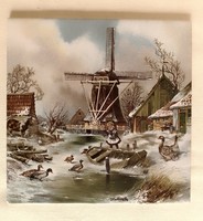 Hand Painted Old Dutch Glazed Faience Ceramic Decorative Tile Marked Winter Landscape Duck Little Girl