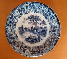 Blue and white old English glazed earthenware ceramic decorative plate, bowl, rural scene, flower pattern