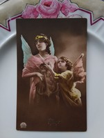 Antique hand colored Christmas photo card / postcard for little girl / lady / angels 1915