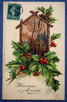 Antik dombornyomott Újévi üdvözlő litho képeslap  magyal madáretetőben erdei táj