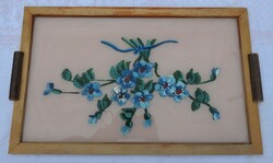 Antik  fa - üveg tálca - kézzel festett kék virág mintával