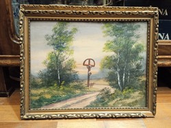 XX. századi magyar művész, 24 x 32 cm-es, akvarell, festmény, erdei út.
