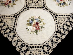 Old special hand crocheted tablecloth with ribbon embroidery insert 84 x 84 cm