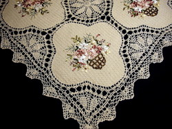 Old special hand crocheted tablecloth with ribbon embroidery insert 87 x 87 cm