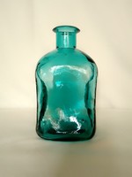 Régi, gyönyörű, különleges formájú szögletes vastag falú türkiz zöld kék üveg palack, 80-as évek