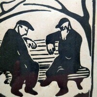Nyerges Pál: Sakkozók - eredeti linómetszet a negyvenes évekből