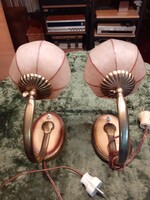Art deco réz  falikar-pár,mályva színű üvegbúrákkal