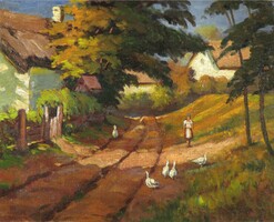 Hungarian painter around 1930: goose shepherd girl
