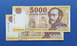 2020. évi 5.000,- forintos sorszámkövető UNC minta bankjegyek.