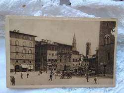 Antik olasz képeslap/üdvözlőlap Firenze Piazza della Signoria, városkép, tér, lovasfogat 1910 körül