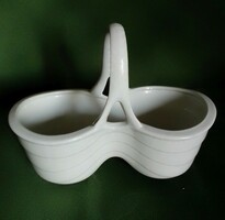 Fehér mázas porcelán füles kosár, kaspó, kínáló tál, virágtartó