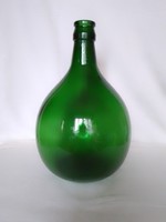 Hatalmas zöld öntött üveg palack ballon boros demizson, vastag falú, jelzett 5 literes
