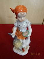 Herendi porcelán figura, kislány kakassal, 13,5 cm magas. Vanneki! Jókai.