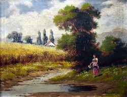 Béla Barsi (First half of the 20th century): village view with a girl
