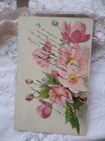 Antik hosszúcímzéses szecessziós litho/litográfiás képeslap/üdvözlőlap rózsaszín virágok 1900