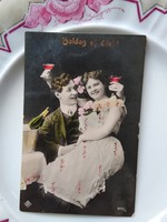 Antik újévi kézzel színezett fotólap/képeslap, romantikus, szerelmes pár, pezsgő 1908