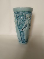 Régi kerámia fajansz kék alapmázas Zsolnay váza pohár szüret boros korsó lány szőlő ritka gyűjtői