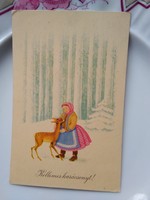 Vintage grafikus karácsonyi művészlap/képeslap/üdvözlőlap, erdő, őzike, kislány népviseletben