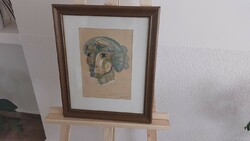 (K) Női fej festmény 36x44 cm kerettel