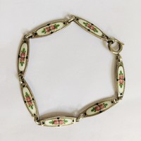 Antique Art Nouveau silver bracelet enamel rose 19.5 cm
