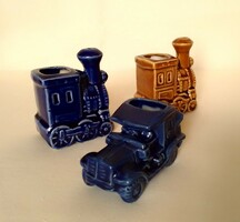 Old retro glazed porcelain toy train steam locomotive car oldsmobile, fun bright colorful
