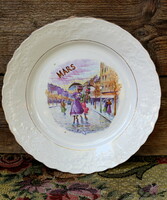 Francia porcelánfajansz tányér, "Március" felirattal, jelenettel