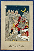 Art deco grafikus litho Karácsonyi képeslap     Mikulás putonnyal  kéményre kapaszkodik fel